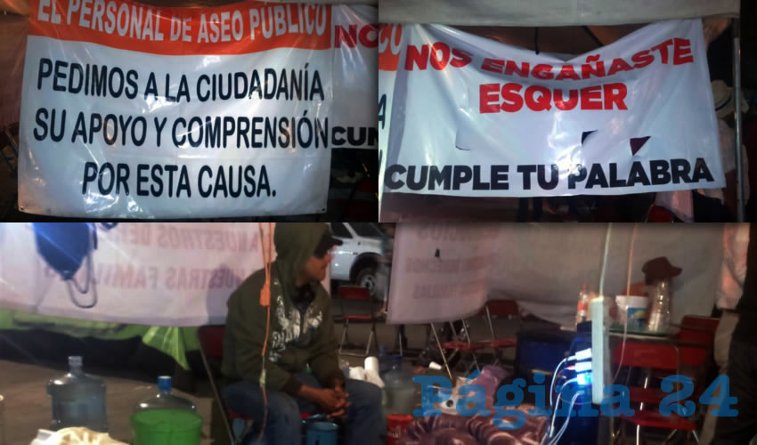 Trabajadores de Aseo Público montaron un plantón en la presidencia municipal de Zapotlán el Grande para exigir al alcalde emecista Alberto Esquer reconsidere su postura de despedir al personal de esta área para entregar el servicio a particulares/Fotos: Rafael Hernández Guízar