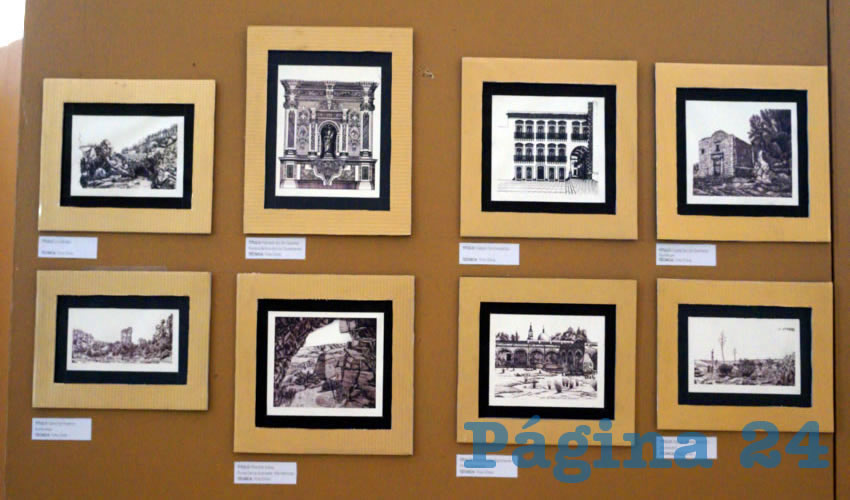 La exposición está compuesta de obras en pequeño formato, que por medio de la tinta china, dibuja edificaciones arquitectónicas históricas y con un gran simbolismo representativo de la ciudad de Zacatecas y del estado (Foto Merari Martínez Castro)