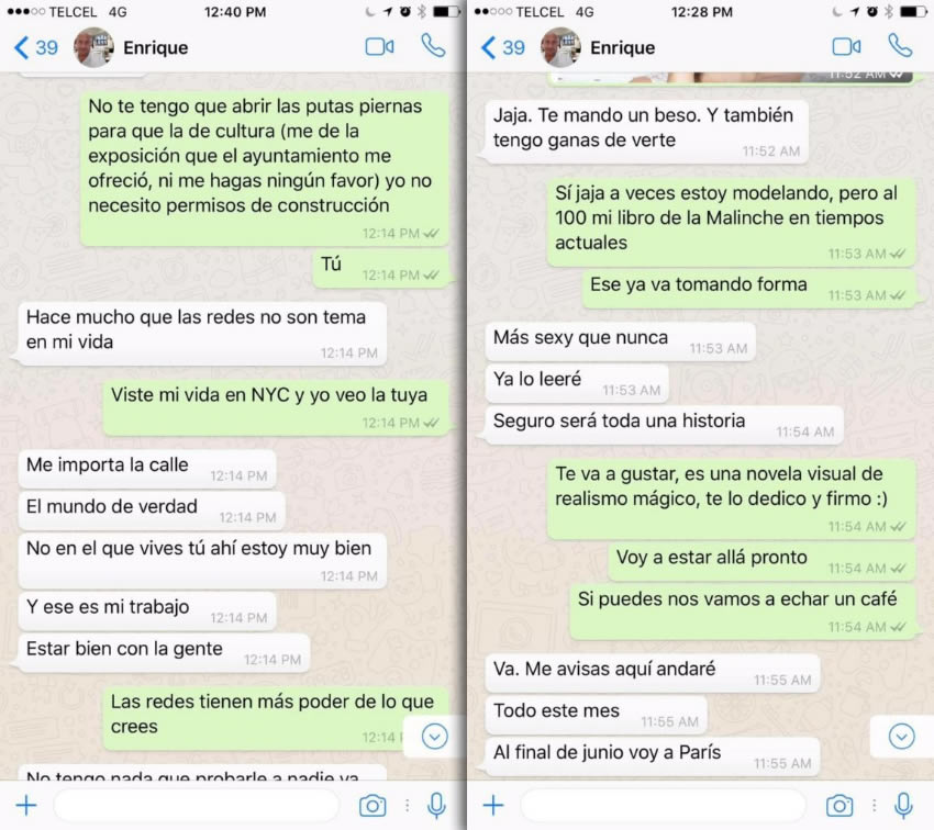 La cuenta de Facebook “El Fogón Político” publicó los textos de WhatsApp que intercambiaron el alcalde y María Fernanda Leaño, además de incluir el mensaje que escribió en su cuenta de Facebook, mismo que horas más tarde, tras el escándalo que detonó, la artista borró luego de supuestas amenazas del equipo de Alfaro