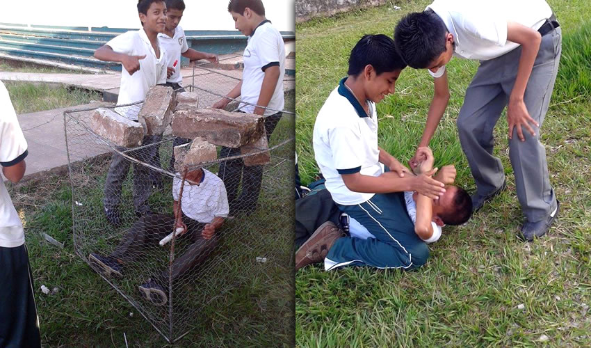 Videos subidos a la red muestran a un alumno con problemas de aprendizaje, cuando es agredido por otros niños de secundaria al ser enjaulado y atado con cinta canela en Tabasco (Fotos: Cortesía)