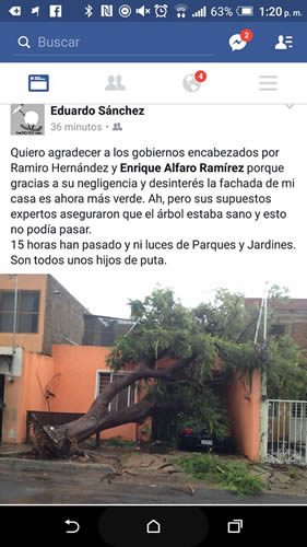 Un ciudadano se quejó en su red social de que le cayó un árbol en la fachada de su casa, pese a que lo reportó una y otra vez a la anterior administración, y a ésta, fueron omisos. Hoy no sabe a quién acudir para que le paguen los daños/Foto: Cortesía