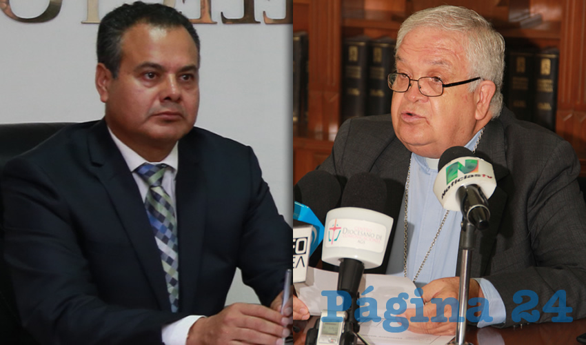 Alfonso Román Quiroz, magistrado de la Sala Electoral y Administrativa del PJE | José María de la Torre Martín, obispo de la Diócesis de Aguascalientes