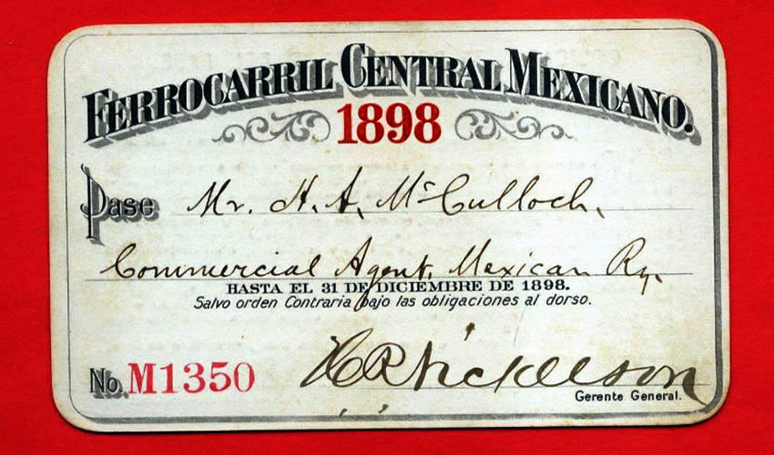 Un pase del Ferrocarril Central Mexicano, para el año 1898