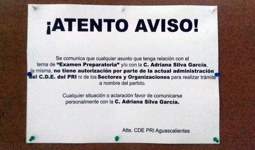 Se han colocado en el edificio del PRI anuncios alusivos al deslinde de Adriana Silva Garc&iacute;a