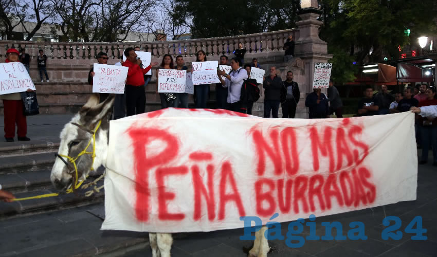 La comitiva, que iba acompañada de un burro que en su lomo llevaba un letrero que decía: “Peña, no más burradas”, se desplazó con pancartas por la avenida Madero hasta desembocar en Plaza de Armas