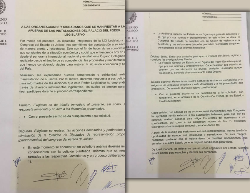 En el documento también prometieron exigir a la Fiscalía de Jalisco que agilice las investigaciones en contra de ex funcionarios corruptos, como el ex gobernador Emilio González Márquez y varios de sus ex secretarios de estado, así como ex alcaldes como Ramiro Hernández García en Guadalajara, Jorge Arana de Tonalá y la ex regidora de Guadalajara Elisa Ayón, “Lady Panteones”