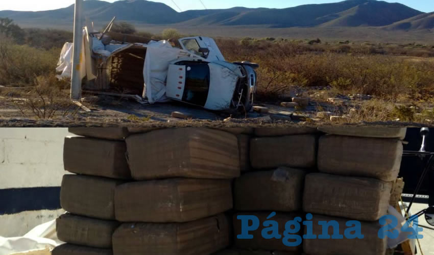 La camioneta volcada y la droga confiscada