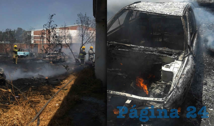 Catorce vehículos, entre autos y motocicletas, quedaron calcinados al incendiarse una pensión situada en la carretera federal 45 norte