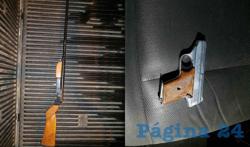 La escopeta hechiza calibre .20 y la pistola RG, calibre .25