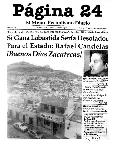 Portada de Página 24 Zacatecas ... miércoles 7 de junio del año 2000... 