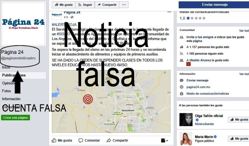 Cuenta ap&oacute;crifa y clonada de P&aacute;gina 24 en Facebook; se puede identificar por la denominaci&oacute;n @paginaveinticuatro