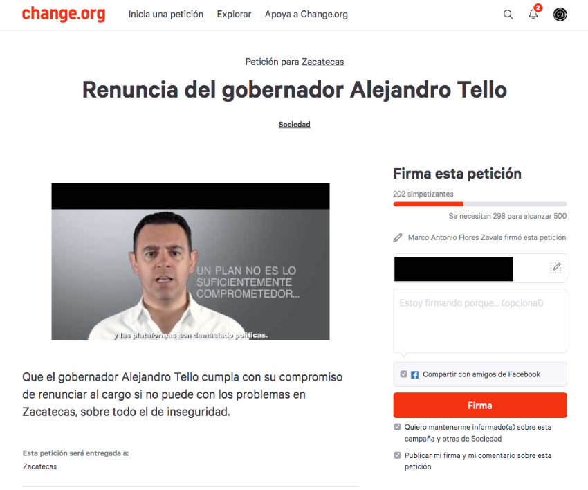 En la petición de firmas ciudadanas, lanzada en la plataforma de la página web change.org, se puede ver un vídeo que realizó el equipo de Alejandro Tello Cristerna, cuando este aún era candidato, en el que presumía ese famoso Contrato con Zacatecas, en el que siempre resaltaba la promesa “¡Si no cumplo, me voy!”