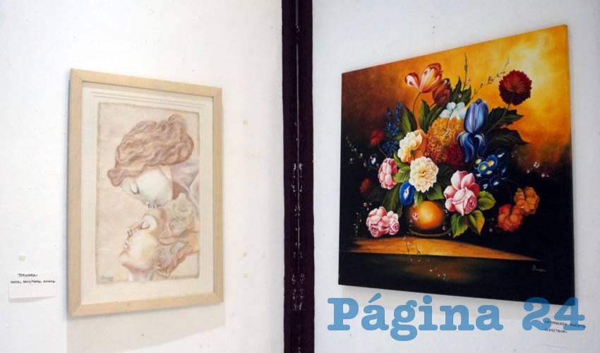 Entre los cuadros expuestos por Quezada Barajas en el vestíbulo del Congreso del Estado se pueden observar pinturas que realizó en homenaje a una gran artista mexicana y dejó un gran legado a la cultura del país, como es el caso de Frida Kahlo (Foto Merari Martínez Castro)