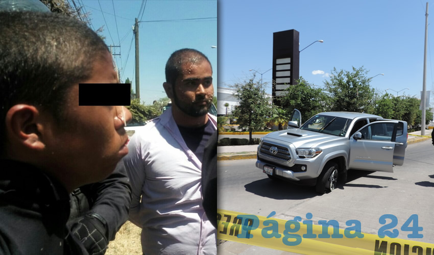 En primer plano, Francisco Javier y a la derecha su c&oacute;mplice, Juan Antonio Gardea Gracia | La camioneta de la v&iacute;ctima, en la que el par de delincuentes lo plagi&oacute; y pretendi&oacute; huir