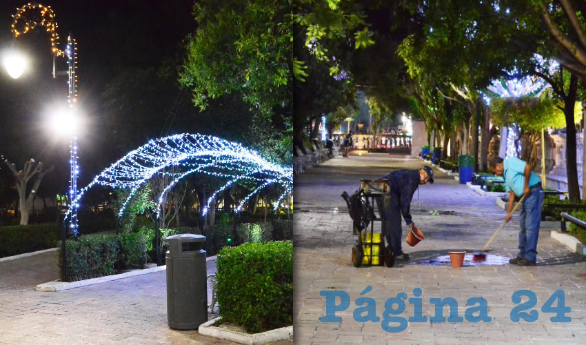 En el transcurso del día, el personal realiza labores de barrido y papeleo de andadores y jardineras