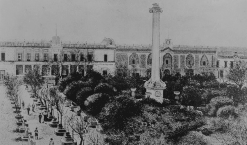 Plaza Principal de la ciudad de Aguascalientes, Ca. 1890 (Fuente: Fototeca del Archivo Histórico del Estado, Fondo Concurso de Fotografía Antigua)