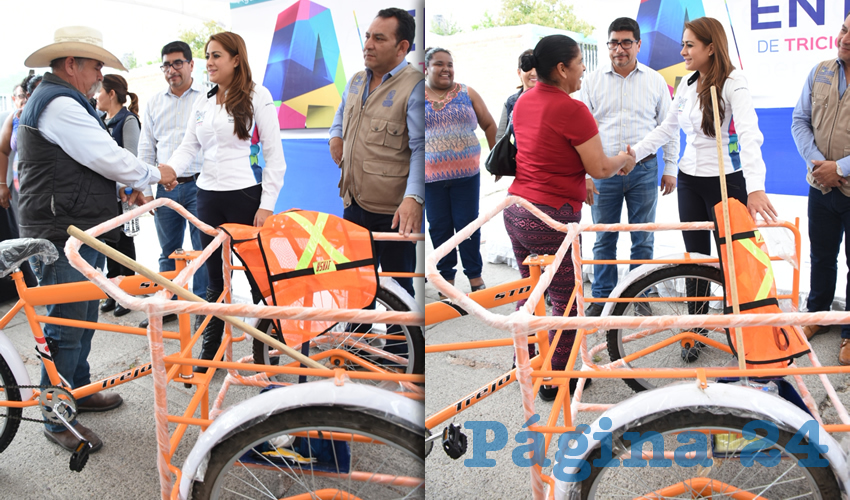 En reconocimiento y apoyo a la ardua labor de los recuperadores de materiales reciclables que trabajan al Norte de la capital, la alcaldesa Tere Jiménez les hizo entrega de 50 triciclos