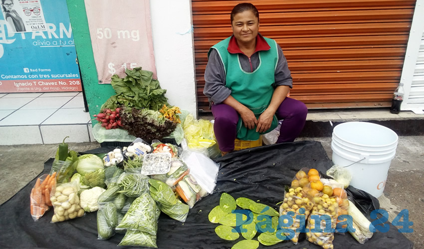 En la banqueta, en la calle 5 de Mayo, Silvia Salazar vende frutas y verduras