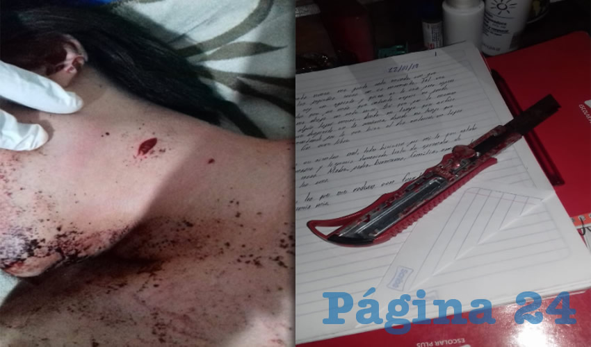 La herida que se provocó el adolescente, el arma blanca que utilizó y parte del recado que había escrito para sus familiares