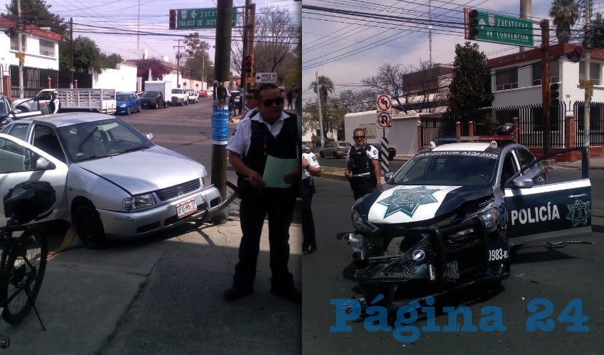 El autom&oacute;vil Jetta gris y la patrulla Sentra, colisionaron en el cruce de avenida H&eacute;roe de Nacozari y calle Decreto 27 