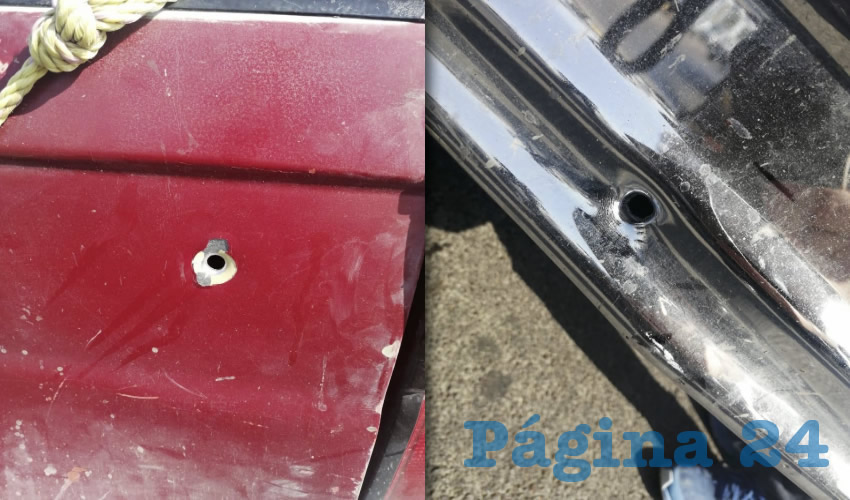 Las huellas de bala en la camioneta Nissan en que huía el trío, mismo que fue capturado