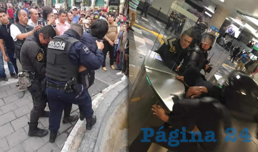 La protesta en la estación Plaza Universidad del Tren Ligero, donde manifestantes “liberaron” el ingreso, fue reprimida brutalmente por policías estatales y municipales, quienes ataviados con casco y escudo ingresaron a la estación, golpearon a las personas y hasta sacaron a rastras de los vagones a un grupo de jóvenes/Fotos: Especial