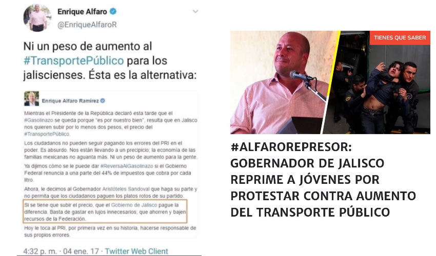 Las mentiras –palabras huecas– que el gobernador Enrique Alfaro publicaba muy orondo en su Twitter cuando aspiraba al poder; ya que llegó se olvidó del pueblo y decidió darle una cuchillada a millones de jaliscienses/Captura de pantalla