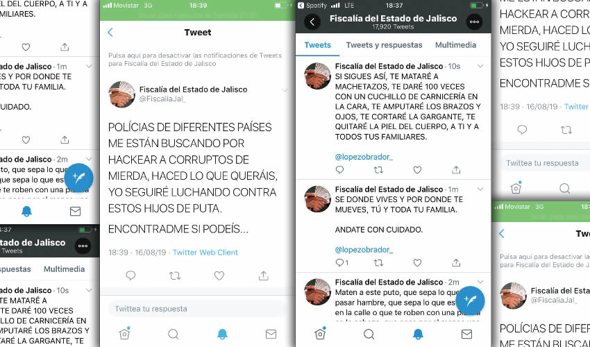 Pese a que autoridades de Jalisco en su momento dieron cuenta que fueron víctimas de un hacker en la cuenta de Twitter de la fiscalía, los mensajes continuaron por un rato; en ellos se lanzaron amenazas al presidente de México/Capturas de imagen
