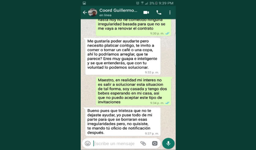 Una captura de pantalla de conversación con el coordinador Guillermo Rodríguez, donde amaga a una de sus subalternas con no renovarle contrato si no accede a “tomarse una copa con él” 