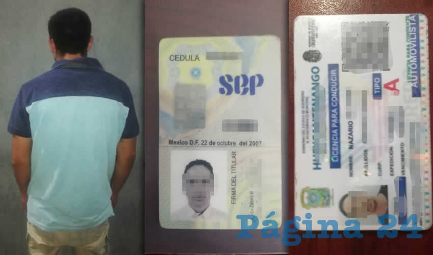 De izquierda a derecha, Mario &ldquo;N&rdquo; &ldquo;N&rdquo;, seguidor del delincuente de cuello blanco Rodolfo Franco Ram&iacute;rez y dos documentos falsificados: la c&eacute;dula profesional y la licencia para conducir