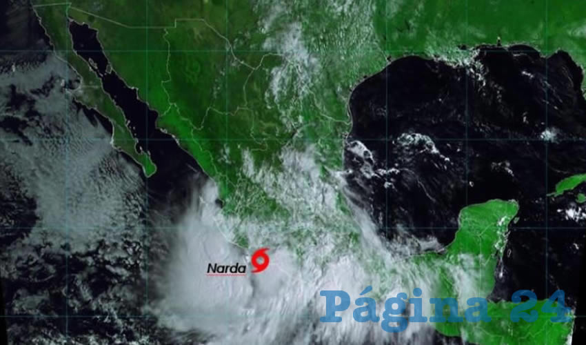 La tormenta tropical “Narda” tocó tierra el domingo en Michoacán; azotará hoy en Jalisco, por lo que se activaron las alarmas en 29 municipios del estado, y especialmente en las zonas costeras/Foto: Conagua 