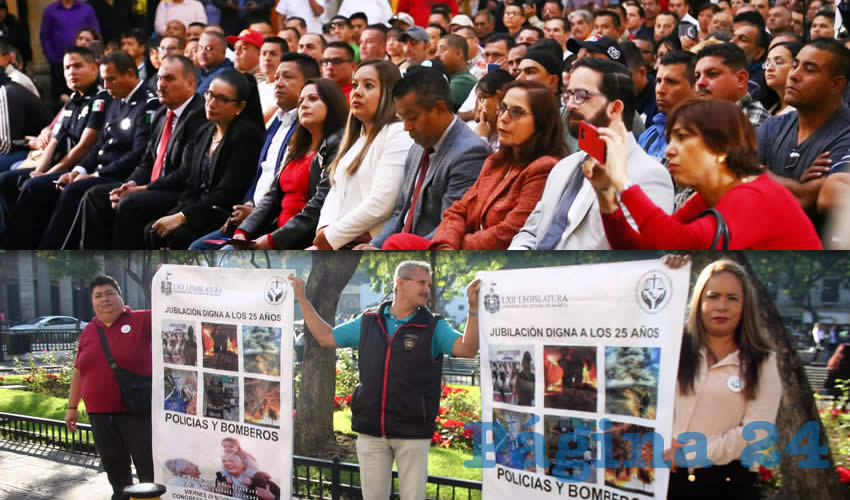 En el Congreso de Jalisco se llevó a cabo el foro “Retos y desafíos para una jubilación digna de los cuerpos de seguridad pública”. Mientras, afuera del recinto legislativo, elementos de las corporaciones de seguridad exigían bajar el número de años de servicio para poder jubilarse/Fotos: Francisco Tapia 