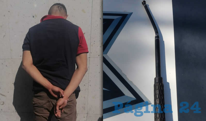 El ratero Antonio “N” “N”, de 25 años de edad y el bastón retráctil que usó para golpear a su víctima