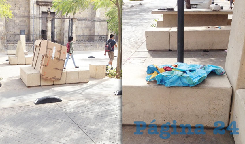 Cajas de cartón apiladas como refugio temporal, así como montones de ropa se pueden apreciar en distintos puntos del Paseo Alcalde, obra que casi ha extinguido el comercio en la zona. Los pocos negocios que sobreviven pidieron que haya orden en el lugar/Fotos: Rafael Hernández Guízar