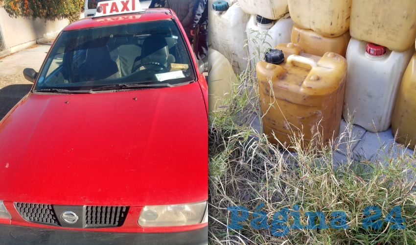 El taxi que utilizaban los cacos y algunos de los bidones con combustible
