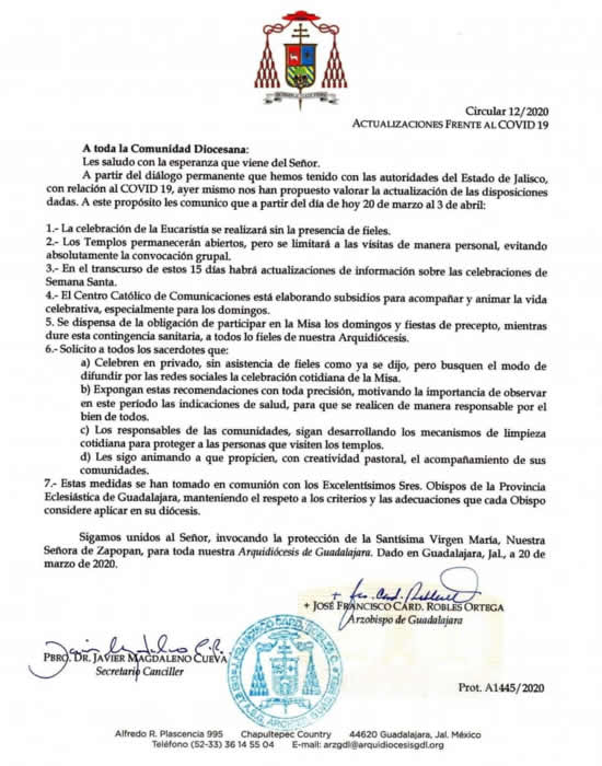 El comunicado del cardenal Francisco Robles, respaldando la determinación del gobierno estatal de suspender las misas presenciales a partir del 20 de marzo y hasta el próximo 3 de abril/Foto: Twitter @cardenalrobles