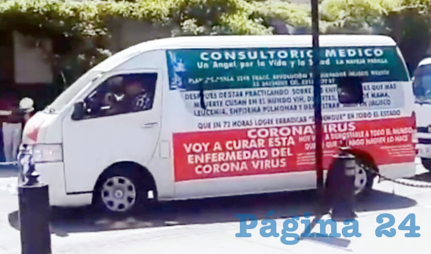 Policías de Tlaquepaque detectaron una camioneta de la marca Toyota, tipo panel, modelo 2015 con placas de circulación JRY-3139, de TPF, misma que portaba rótulos alusivos al Consultorio Médico “Un Ángel por la Vida y la Salud”, y a los “tratamientos médicos” que se ofrecían con engaños/Foto: Especial