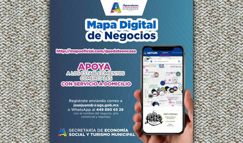 El mapa incluye una ficha descriptiva y logotipo de los establecimientos, barra de exploración por zona, filtros de giros comerciales y enlace directo a WhatsApp
