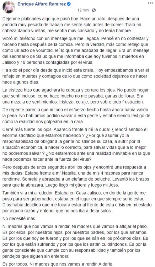 La publicación de Enrique Alfaro en Facebook