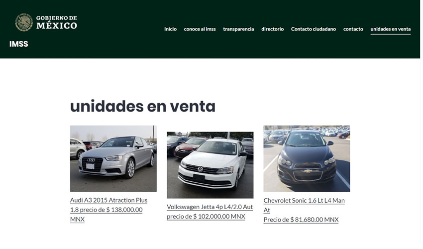 La página falsificada del IMSS, en donde se ofertan vehículos en venta con la finalidad de estafar a los compradores de buena fe