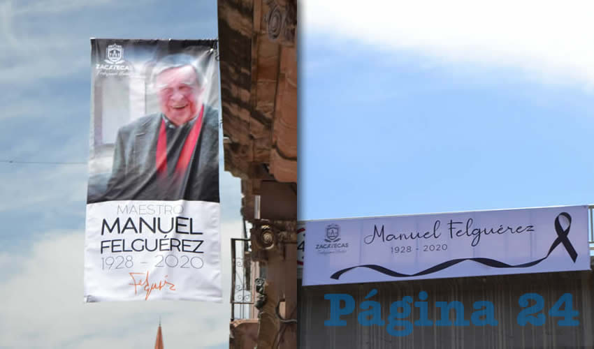 Con la muerte del artista zacatecano Manuel Felguérez Barra, las calles y distintos espacios públicos de la ciudad de Zacatecas dejan ver el luto que se vive en la capital del estado por la pérdida de uno de los representantes y más conocidos artistas abstractos a nivel mundial (Foto Merari Martínez Castro)