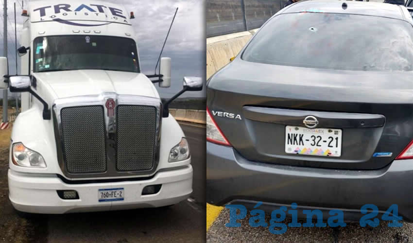 El tractocami&oacute;n que transportaba la mercanc&iacute;a y el auto con un visible balazo en el medall&oacute;n