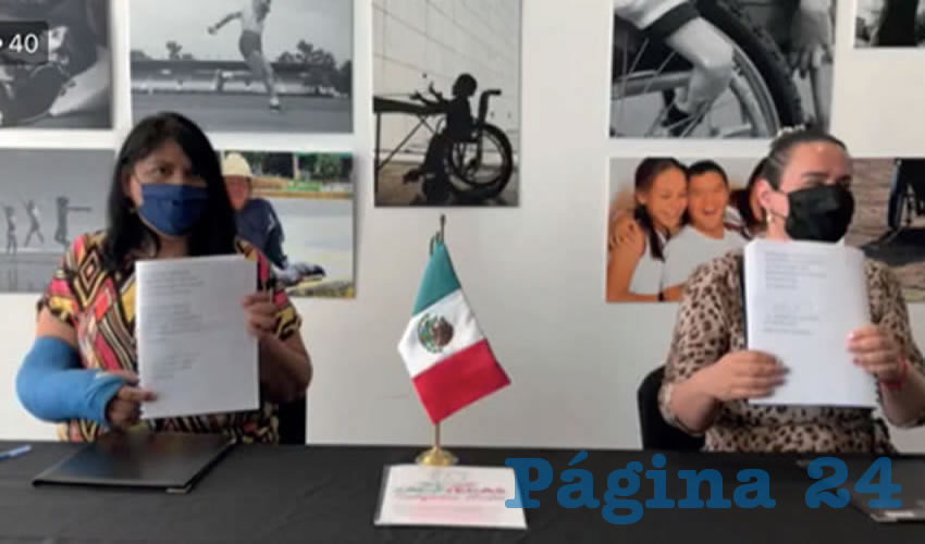 En conferencia virtual, se firmó el convenio de colaboración entre María Guadalupe López Marchant, titular de la Secretaría de Desarrollo Urbano, Vivienda y Ordenamiento Territorial (Seduvot) y María de Lourdes Rodarte Díaz, directora del Instituto para la Atención e Inclusión de Personas con Discapacidad (Foto: Merari Martínez)