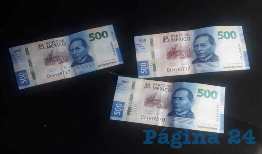 Tres de los seis billetes apócrifos que portaban los delincuentes Juan Carlos “N” “N”, de 39 años de edad y Jesús Eduardo “N” “N”, de 20