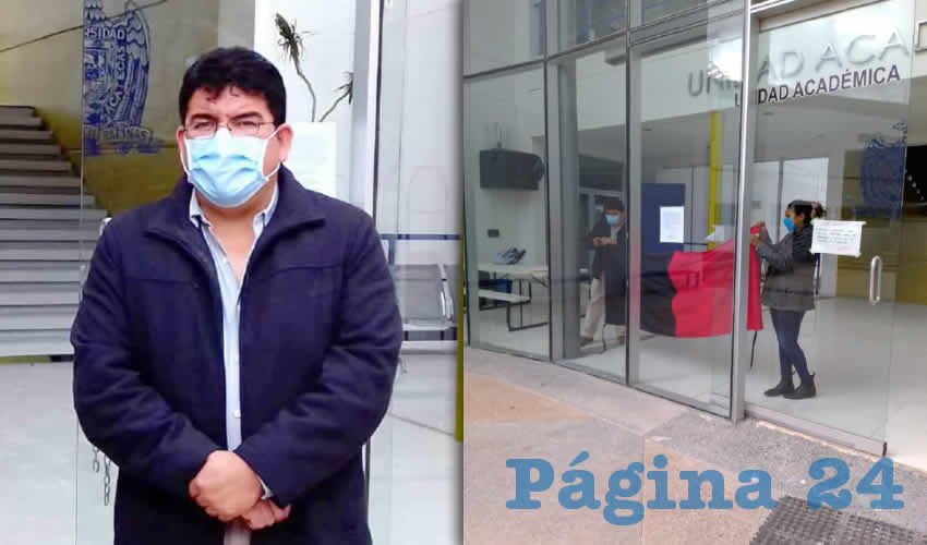 Jesús Adrián López tomó de manera simbólica las instalaciones de la Unidad Académica de Ciencias Biológicas de la Benemérita Universidad Autónoma de Zacatecas (BUAZ) (Foto Merari Martínez)