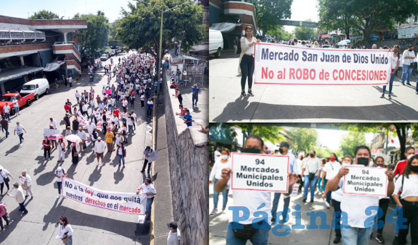 Con el grito de “No a la firma”, locatarios de los 94 mercados municipales de Guadalajara se manifestaron contra el decreto con el cual pretenden supuestamente regularizarlos, pues acusan que se trata de una maniobra del ayuntamiento para quitarles garantías como concesionarios y hacer luego lo que quieran con los espacios/Fotos: Francisco Tapia