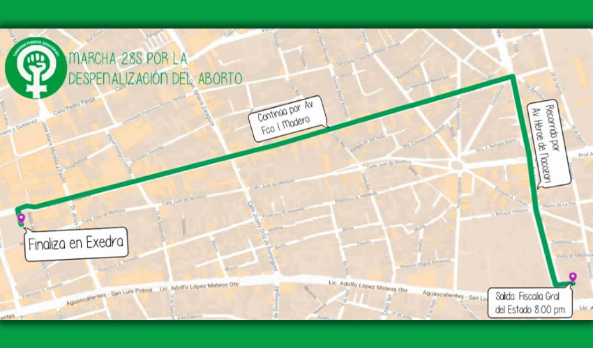 Mapa del recorrido del Pa&ntilde;uelazo que realizar&aacute;n las feministas de Aguascalientes, el pr&oacute;ximo lunes a partir de las 19:30 horas (Foto: Cortes&iacute;a Comunidad Feminista Aguascalientes )