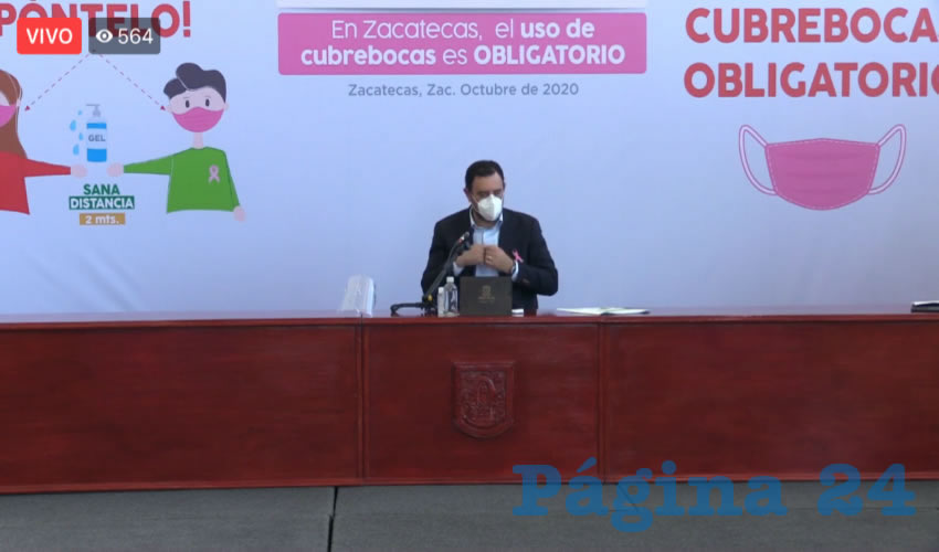 En conferencia de prensa virtual, el gobernador Alejandro Tello Cristerna informó sobre la situación en la que se encuentra la entidad y sus municipios con relación al tema de la contingencia sanitaria originada por COVID-19 (Foto: Cortesía)