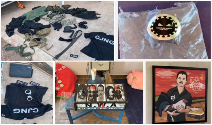 Aseguraron armas, una camioneta Mercedes Benz 2019 con reporte de robo, diversas placas de circulación del estado de Jalisco y del estado de México, cargadores para armas cortas y largas y ropa con insignias del CJNG, entre otros indicios/Foto: Especial