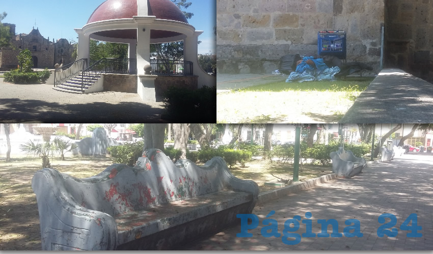 El jardín del Barrio de Analco luce sucio y huele a desechos humanos; es sitio para vagabundos y ladrones, quienes acechan a sus víctimas abrigados por la oscuridad del sitio y la escasa vigilancia de la policía de Guadalajara/Fotos: Francisco Tapia